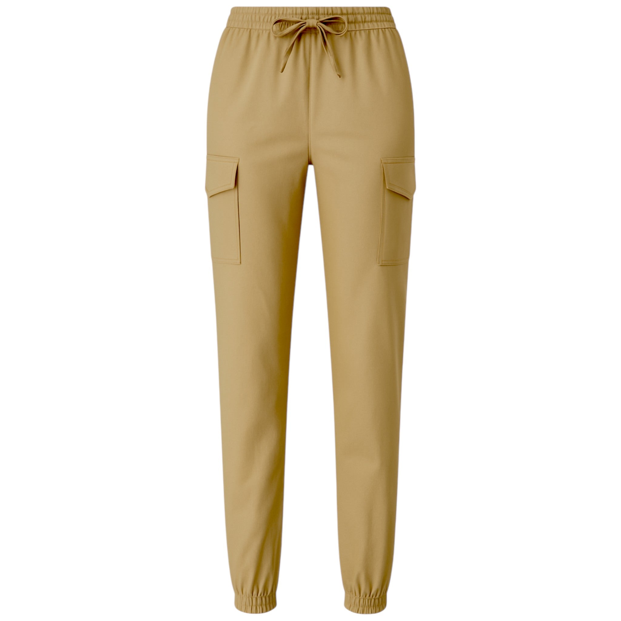 Ladies high quality stretch cargo trousers in stone beige with elastic waistband, drawstring tie, and side pockets